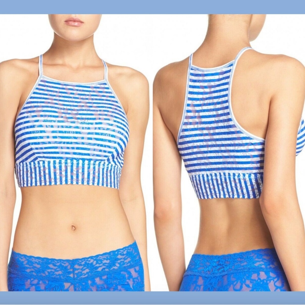 NEW $52 Hanky Panky Blue Ali Crop‎ Lace Bralette Tank Stripe [ SZ Medium ] Blue
